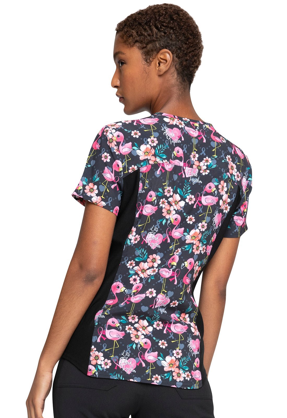 Flamingo Cherokee iflex Print V Neck Knit Panel Scrub Top CK732 LFTG - Scrubs Select