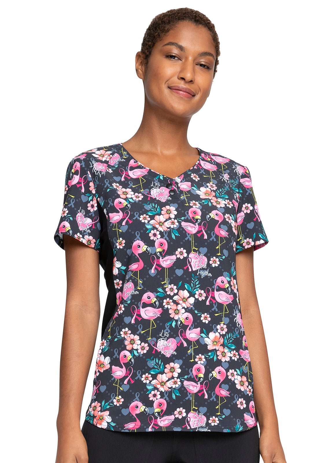 Flamingo Cherokee iflex Print V Neck Knit Panel Scrub Top CK732 LFTG - Scrubs Select