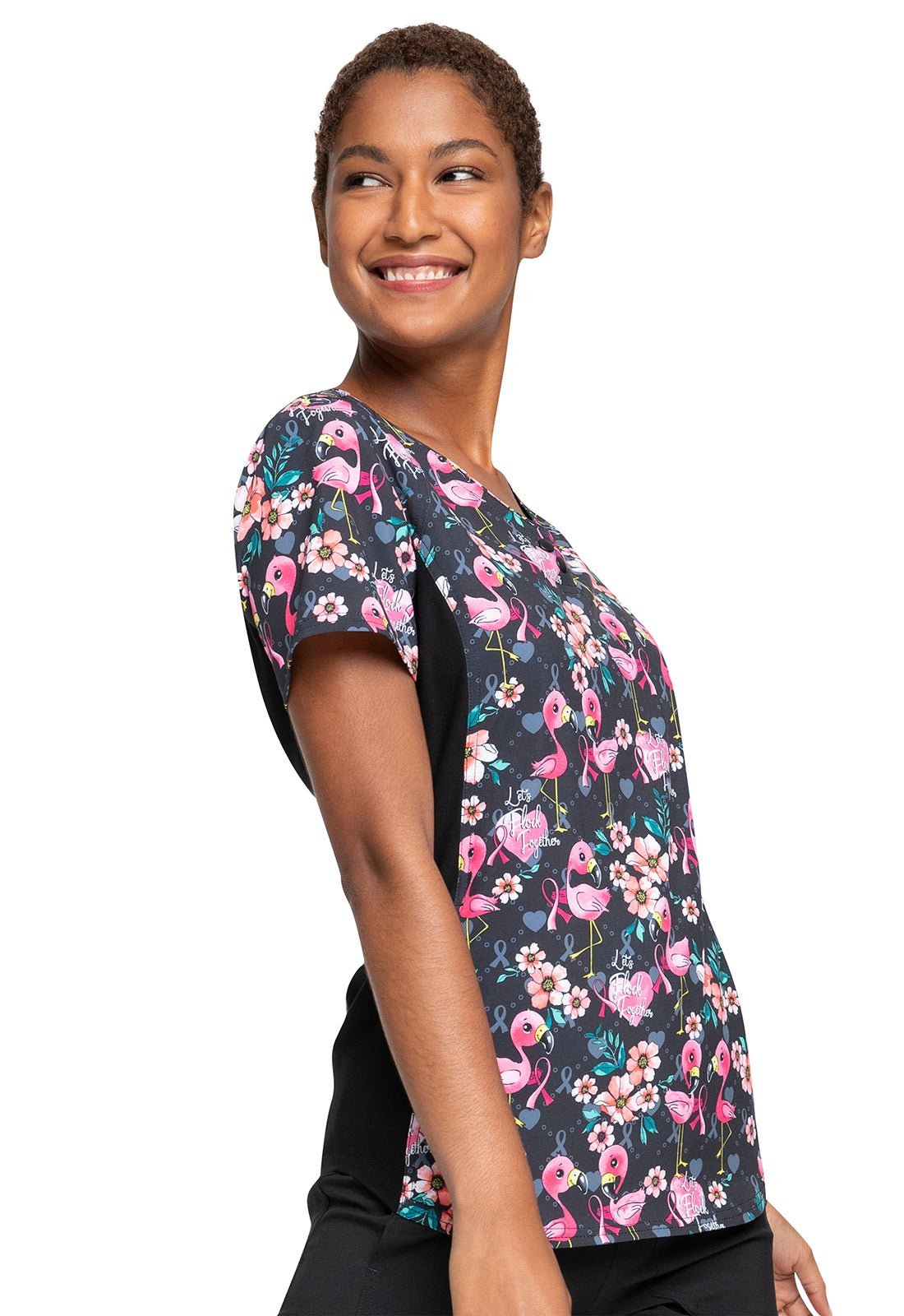 Flamingo Cherokee iflex Print V Neck Knit Panel Scrub Top CK732 LFTG - Scrubs Select
