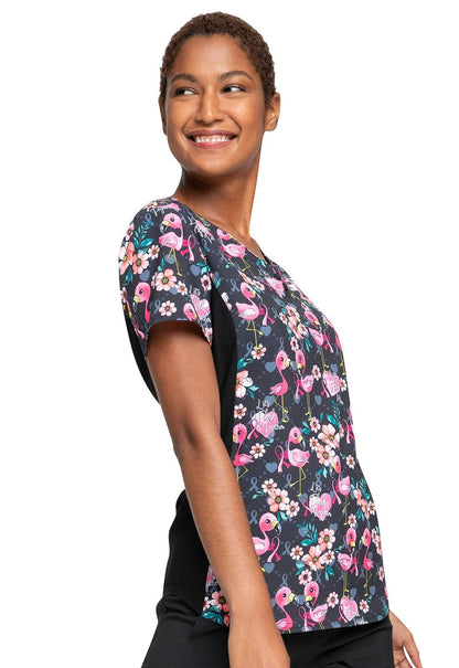 Flamingo Cherokee iflex Print V Neck Knit Panel Scrub Top CK732 LFTG - Scrubs Select