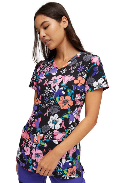 Floral Breast Cancer Awareness HeartSoul Print V Neck Scrub Top HS614 HFBM - Scrubs Select