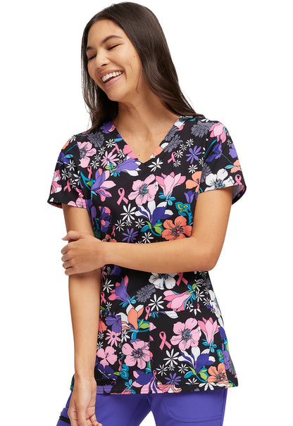 Floral Breast Cancer Awareness HeartSoul Print V Neck Scrub Top HS614 HFBM - Scrubs Select