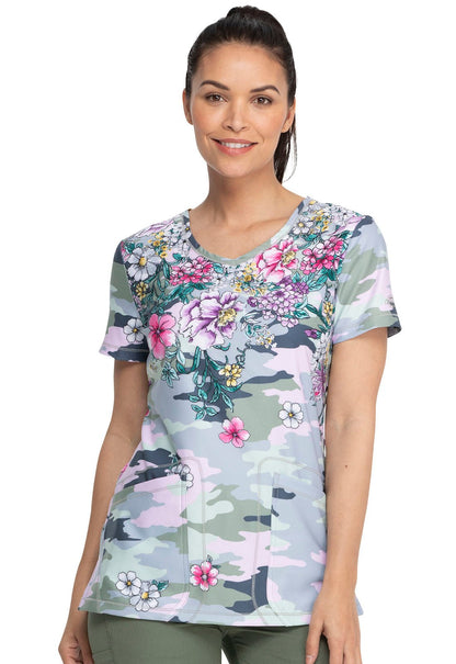 Floral Camo Dickies Dynamix Print Rounded V Neck Scrub Top DK618 FOFZ - Scrubs Select