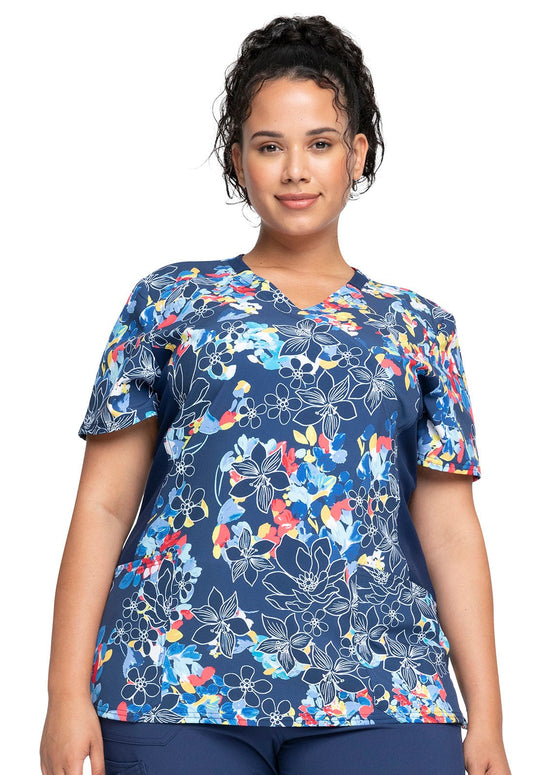Floral Cherokee iflex Print Mock Wrap Knit Panel Scrub Top CK642 FUNZ - Scrubs Select