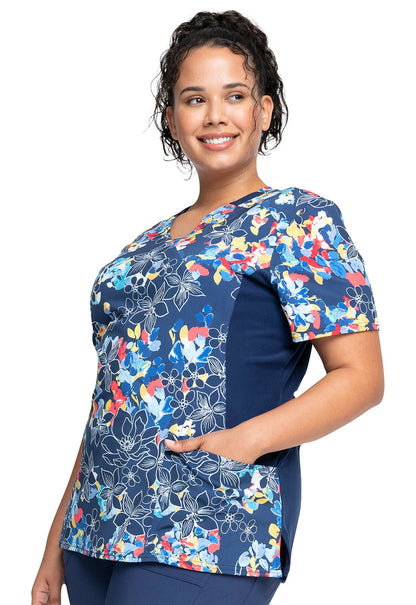Floral Cherokee iflex Print Mock Wrap Knit Panel Scrub Top CK642 FUNZ - Scrubs Select