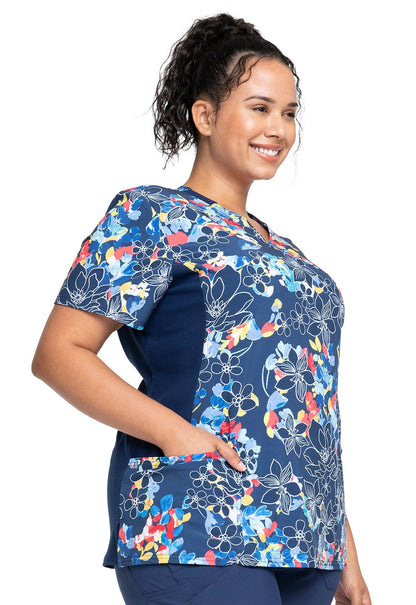 Floral Cherokee iflex Print Mock Wrap Knit Panel Scrub Top CK642 FUNZ - Scrubs Select