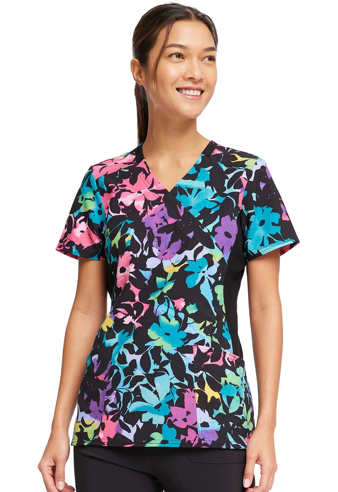 Floral Cherokee iflex Print Mock Wrap Knit Panel Scrub Top CK642 RBFR - Scrubs Select