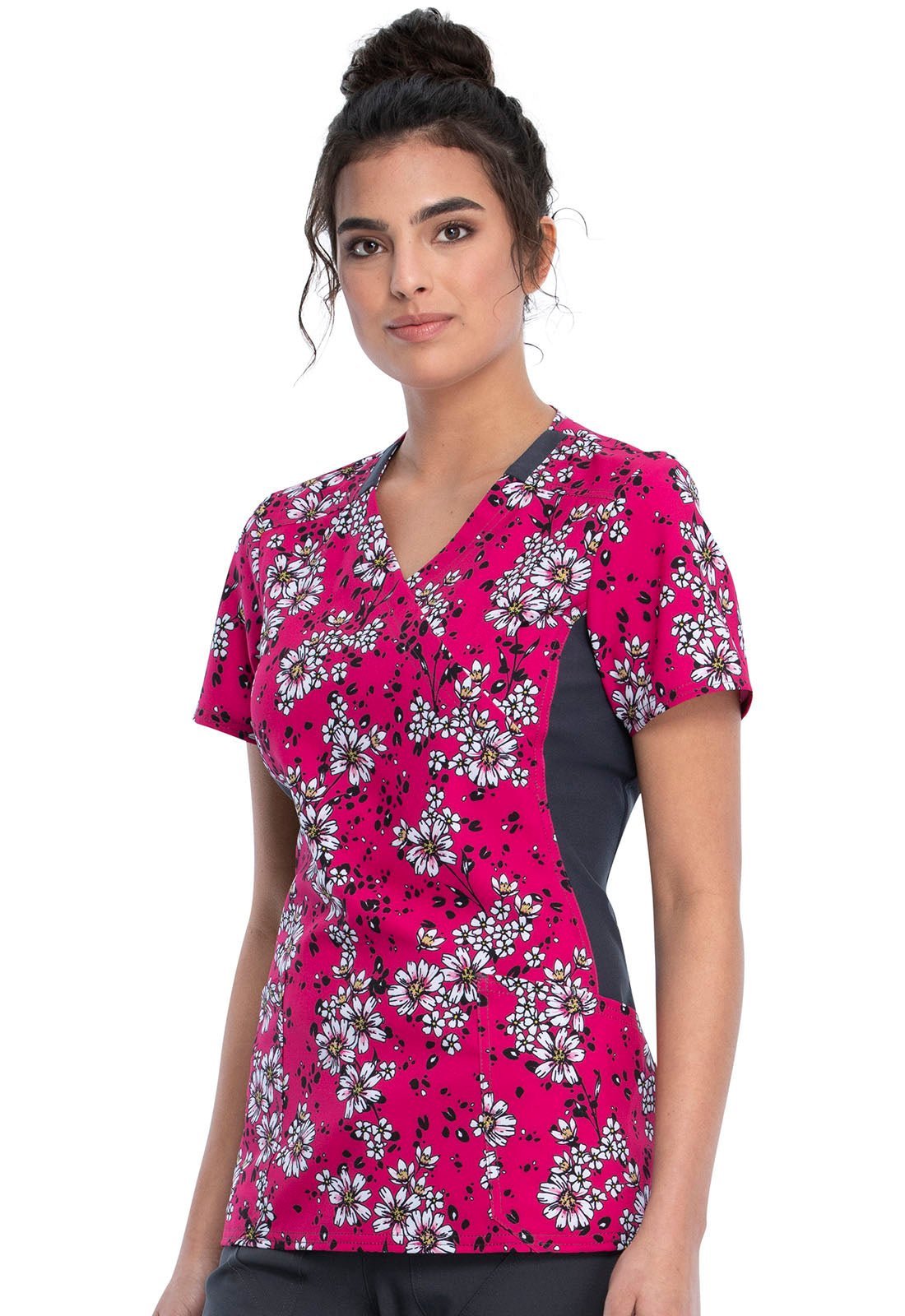 Floral Cherokee iFlex Print Mock Wrap Knit Panel Scrub Top CK642 WAVW - Scrubs Select