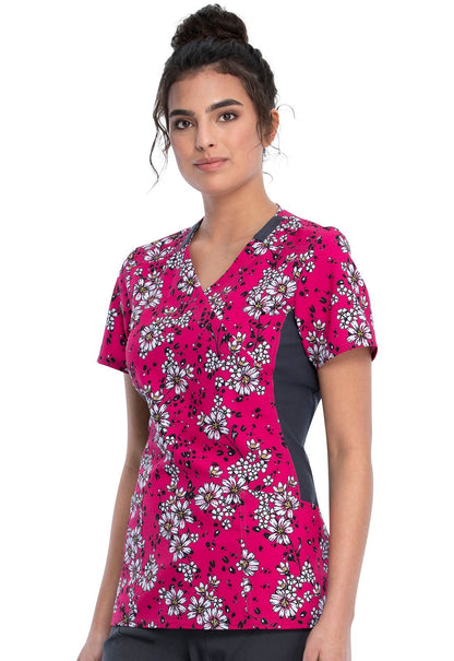 Floral Cherokee iFlex Print Mock Wrap Knit Panel Scrub Top CK642 WAVW - Scrubs Select