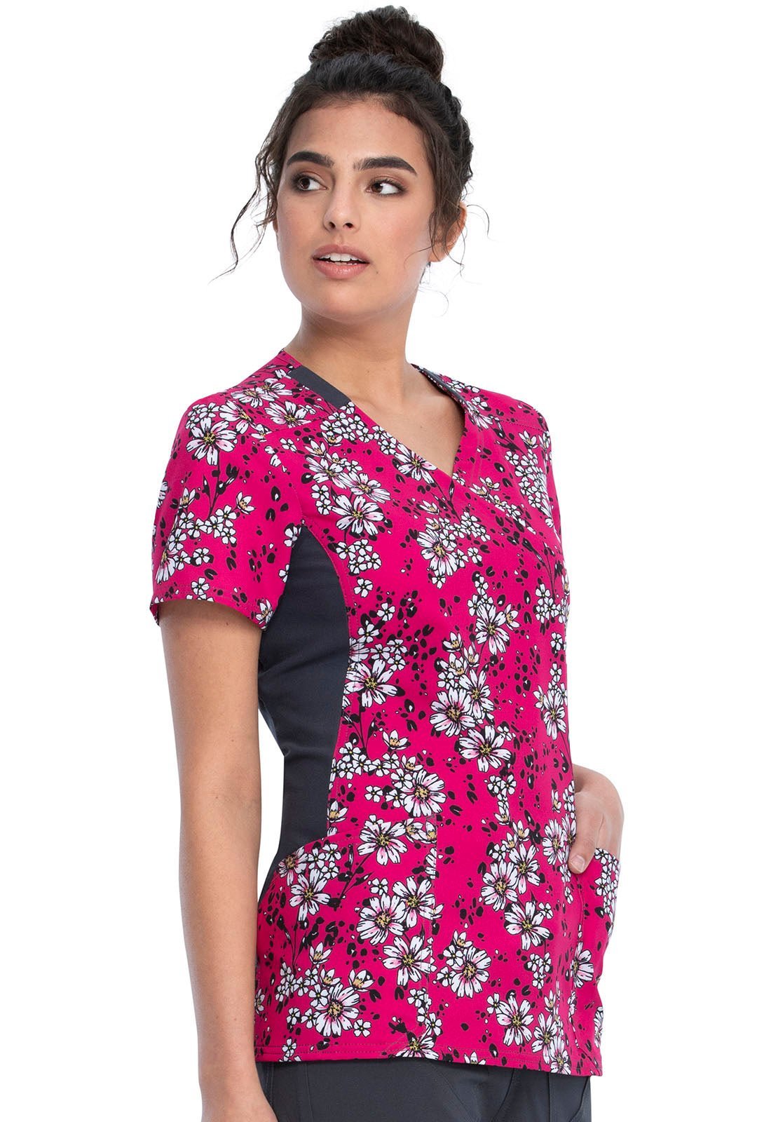 Floral Cherokee iFlex Print Mock Wrap Knit Panel Scrub Top CK642 WAVW - Scrubs Select