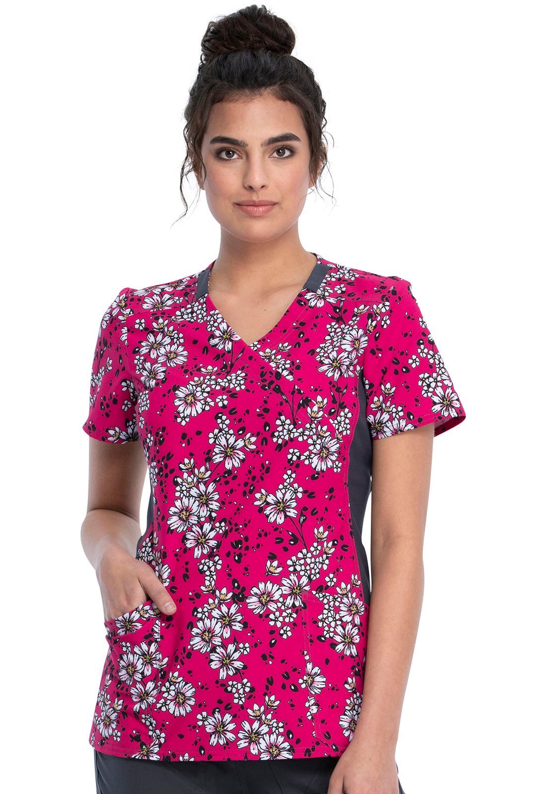Floral Cherokee iFlex Print Mock Wrap Knit Panel Scrub Top CK642 WAVW - Scrubs Select