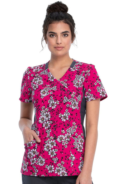 Floral Cherokee iFlex Print Mock Wrap Knit Panel Scrub Top CK642 WAVW - Scrubs Select