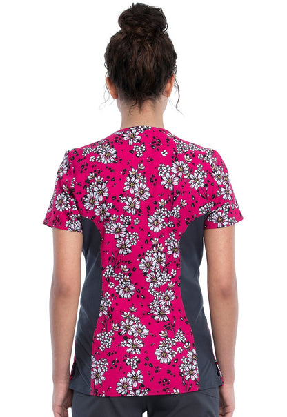 Floral Cherokee iFlex Print Mock Wrap Knit Panel Scrub Top CK642 WAVW - Scrubs Select