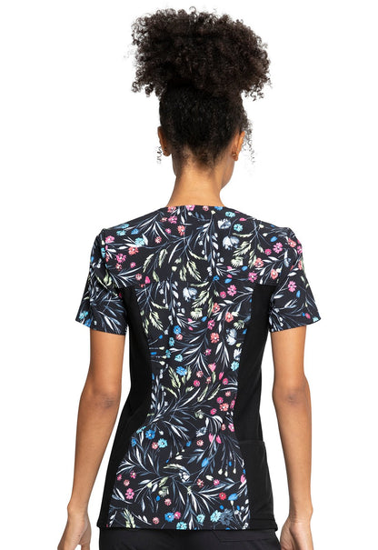 Floral Cherokee iflex Print V Neck Knit Panel Scrub Top CK636 BYBD - Scrubs Select