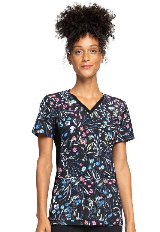 Floral Cherokee iflex Print V Neck Knit Panel Scrub Top CK636 BYBD - Scrubs Select