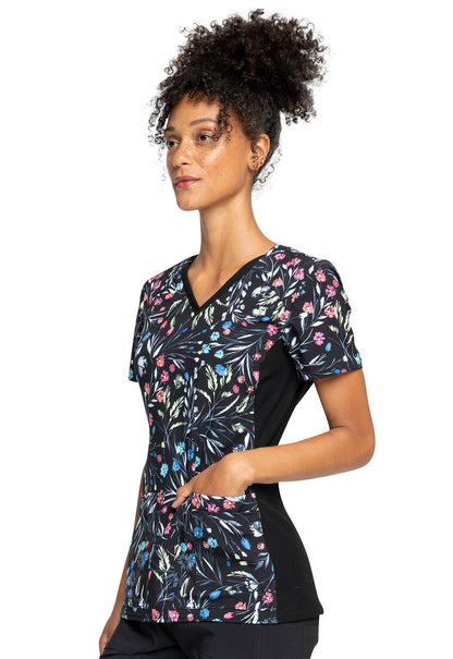 Floral Cherokee iflex Print V Neck Knit Panel Scrub Top CK636 BYBD - Scrubs Select