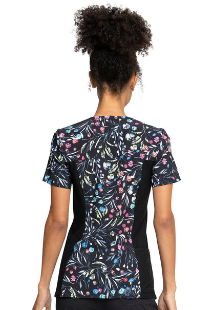 Floral Cherokee iflex Print V Neck Knit Panel Scrub Top CK636 BYBD - Scrubs Select