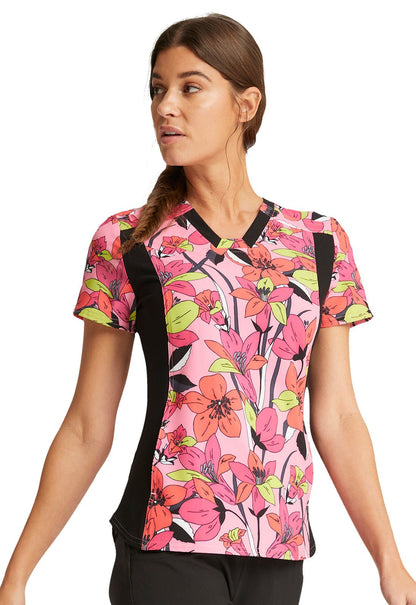 Floral Cherokee iFlex Print V Neck Knit Panel Scrub Top CK641 RTBM - Scrubs Select