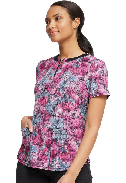 Floral Cherokee Infinity Print Round Neck Scrub Top CK880 HIMI - Scrubs Select