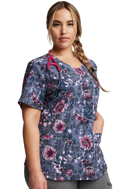 Floral Dickies Dynamix Print V Neck Scrub Top DK623 FGAI - Scrubs Select