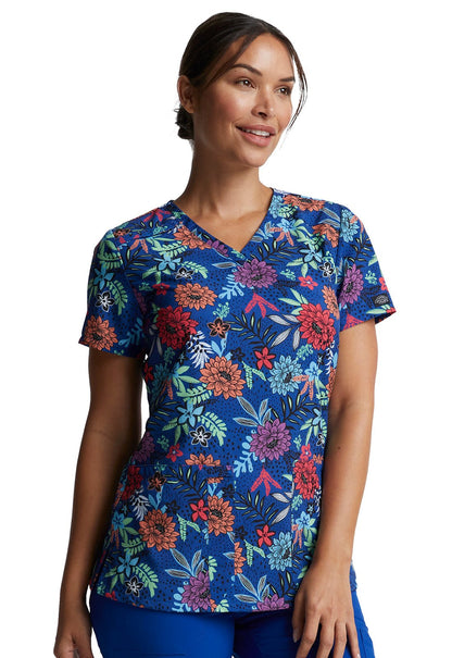 Floral Dickies EDS Print V Neck Scrub Top DK616 TRBM - Scrubs Select