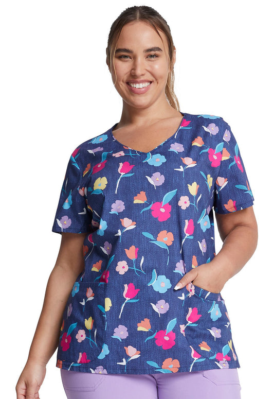 Floral Dickies Print V Neck Scrub Top DK700 DNGD - Scrubs Select
