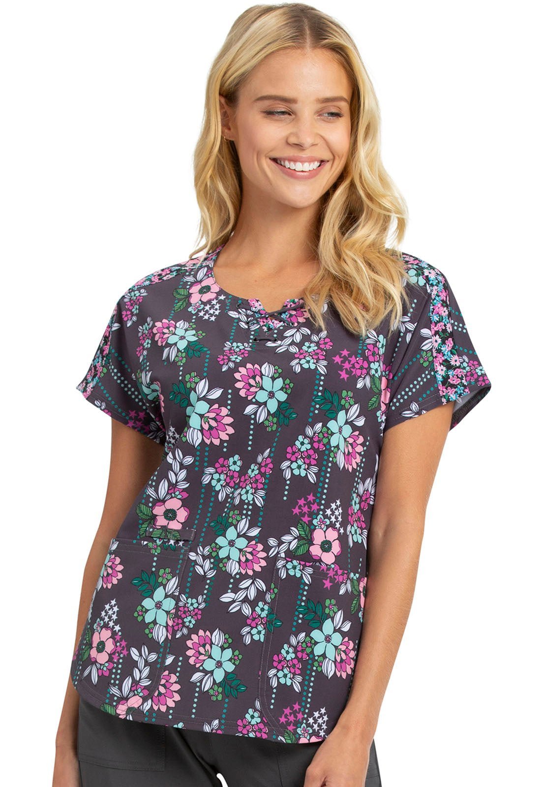 Floral Heartsoul Print Round Neck Scrub Top HS686 MTGY - Scrubs Select
