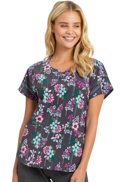Floral Heartsoul Print Round Neck Scrub Top HS686 MTGY - Scrubs Select