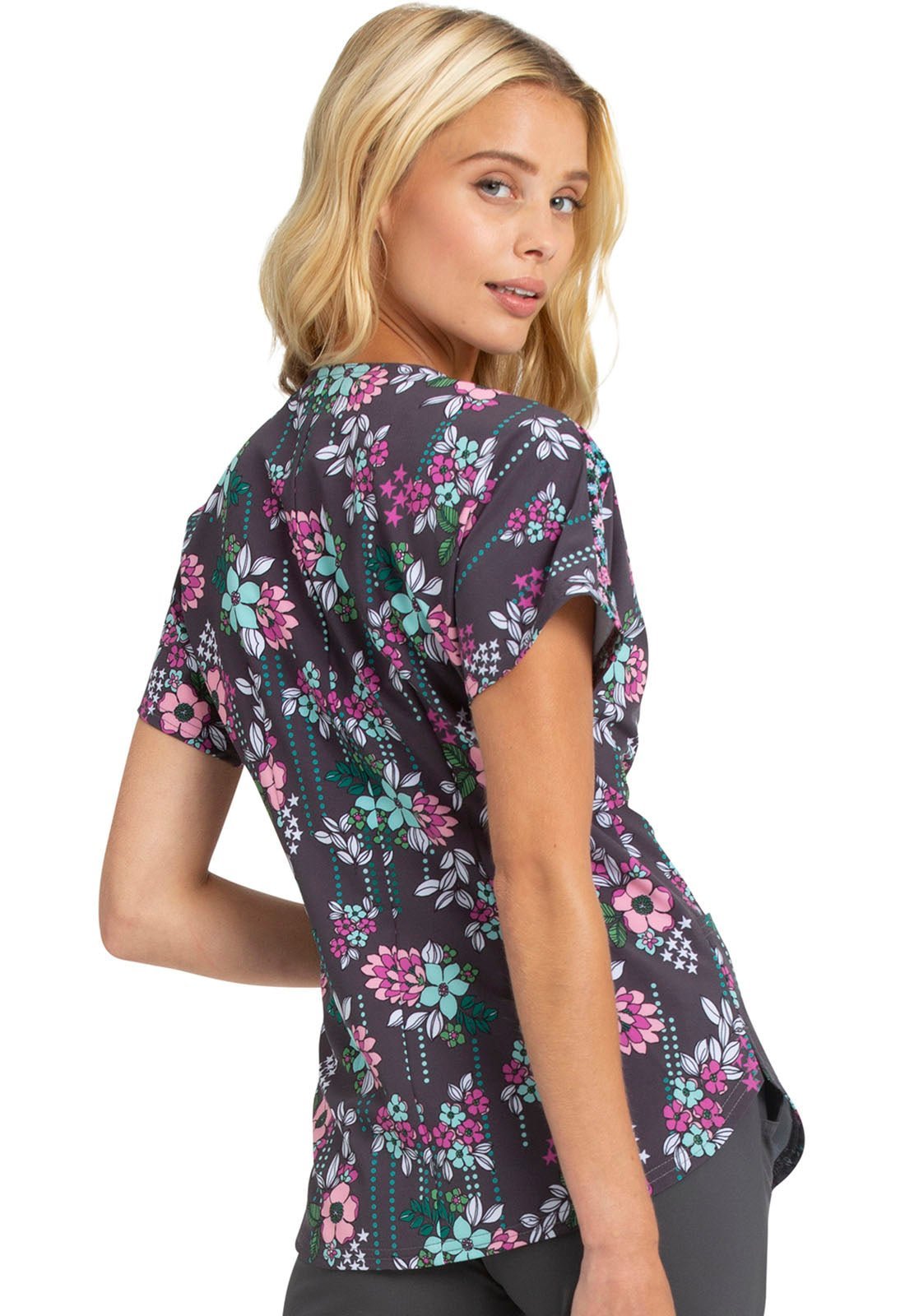 Floral Heartsoul Print Round Neck Scrub Top HS686 MTGY - Scrubs Select