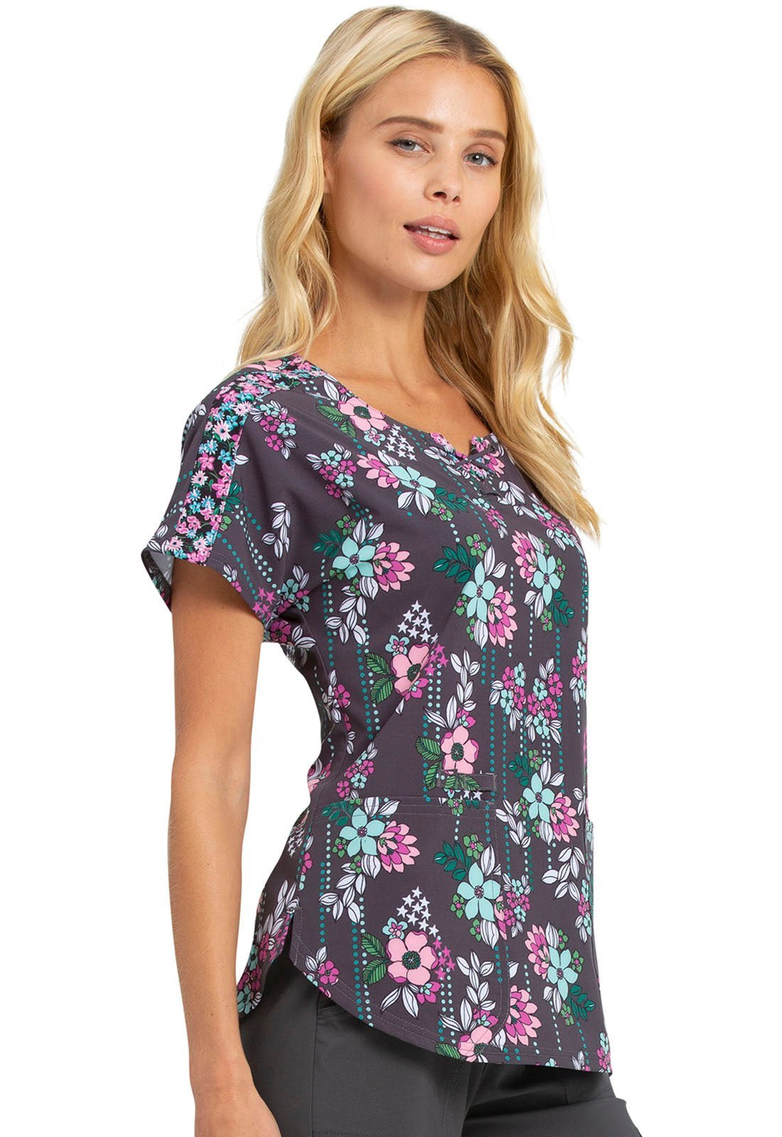 Floral Heartsoul Print Round Neck Scrub Top HS686 MTGY - Scrubs Select