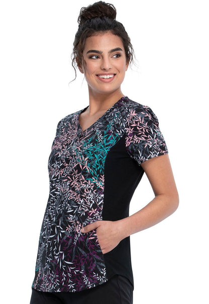 Floral Print Cherokee iFlex V Neck Knit Panel Scrub Top CK732 JUSB - Scrubs Select