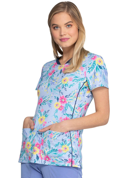Floral Print Shaped V Neck Scrub Top HS601 LEGG - Scrubs Select