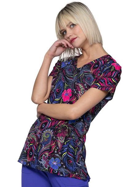 Floral Print V Neck Scrub Top HS614 GYQU - Scrubs Select