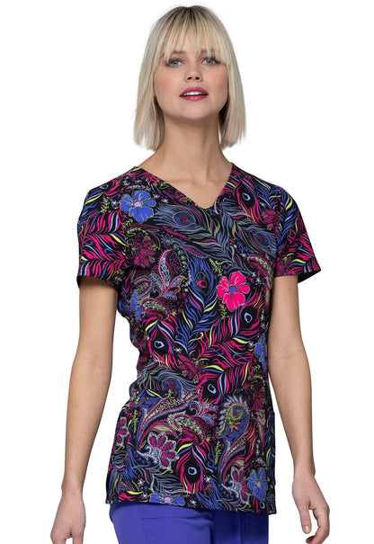 Floral Print V Neck Scrub Top HS614 GYQU - Scrubs Select