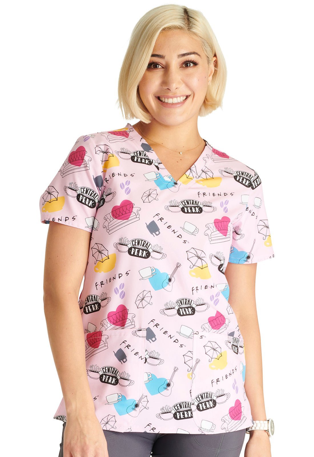 Friends Cherokee Tooniforms Licensed Warner Bros V Neck Scrub Top TF738 IECT - Scrubs Select