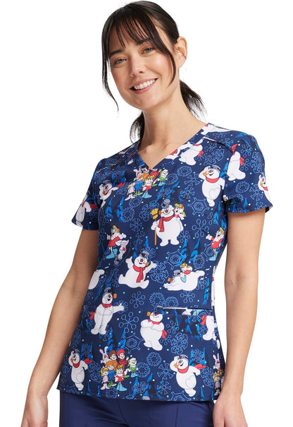 Frosty The Snowman Cherokee Tooniforms Christmas V Neck Scrub Top TF666 FRSAC - Scrubs Select