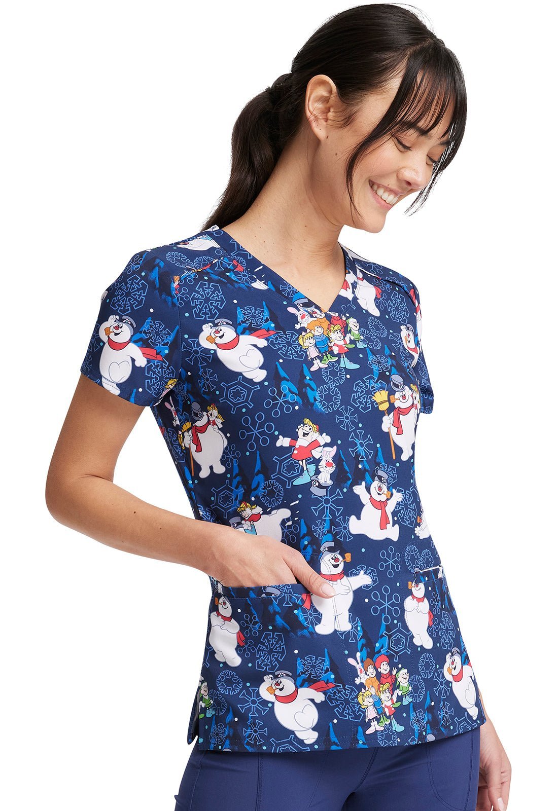Frosty The Snowman Cherokee Tooniforms Christmas V Neck Scrub Top TF666 FRSAC - Scrubs Select