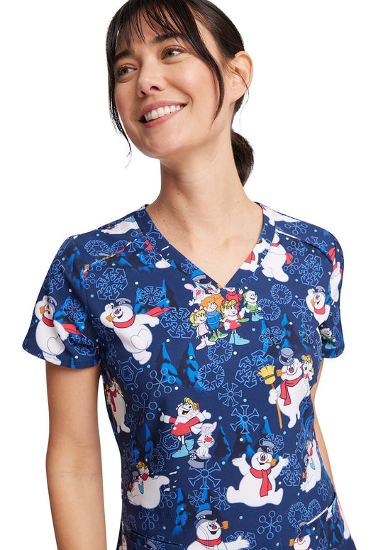 Frosty The Snowman Cherokee Tooniforms Christmas V Neck Scrub Top TF666 FRSAC - Scrubs Select