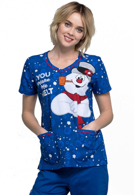 Frosty The Snowman Tooniforms Licensed Christmas V Neck Scrub Top TF634 FRMMG - Scrubs Select