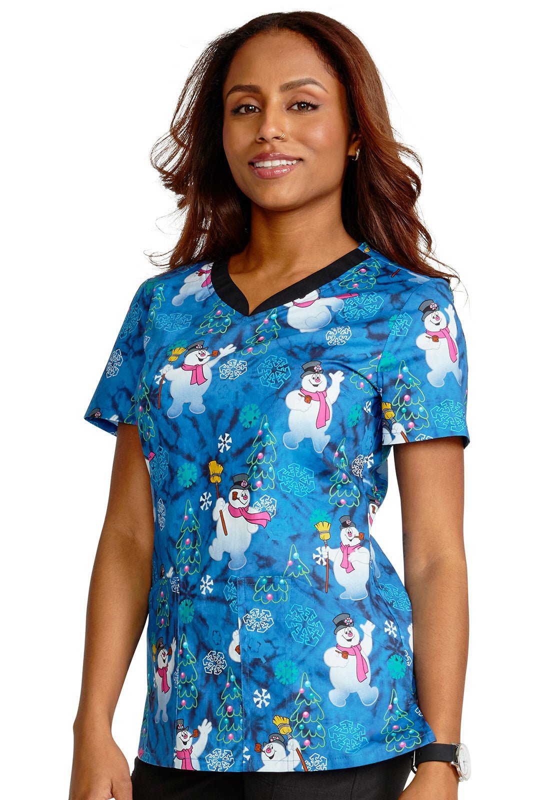 Fun Frosty Cherokee Tooniforms Christmas V Neck Scrub Top TF671 FRNR - Scrubs Select