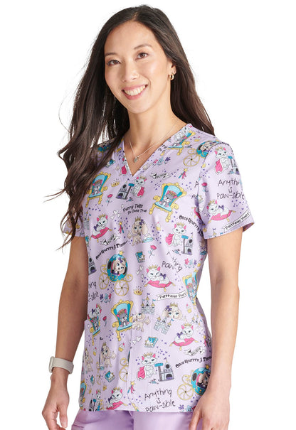 Furry Tales Cherokee Dog Cat Print V Neck Scrub Top CK671 FUTL - Scrubs Select