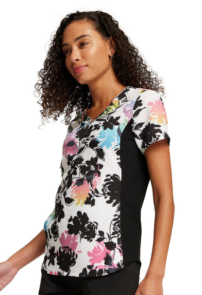 Garden Glow Cherokee Floral iFlex Print V Neck Knit Panel Scrub Top CK732 GRGW - Scrubs Select
