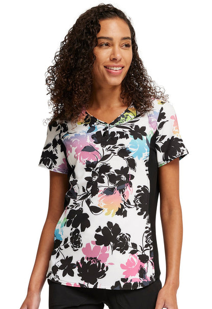 Garden Glow Cherokee Floral iFlex Print V Neck Knit Panel Scrub Top CK732 GRGW - Scrubs Select