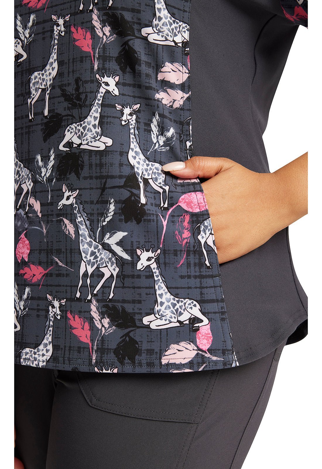 Giraffe Cherokee iFlex Print V Neck Knit Panel Scrub Top CK641 GFML - Scrubs Select