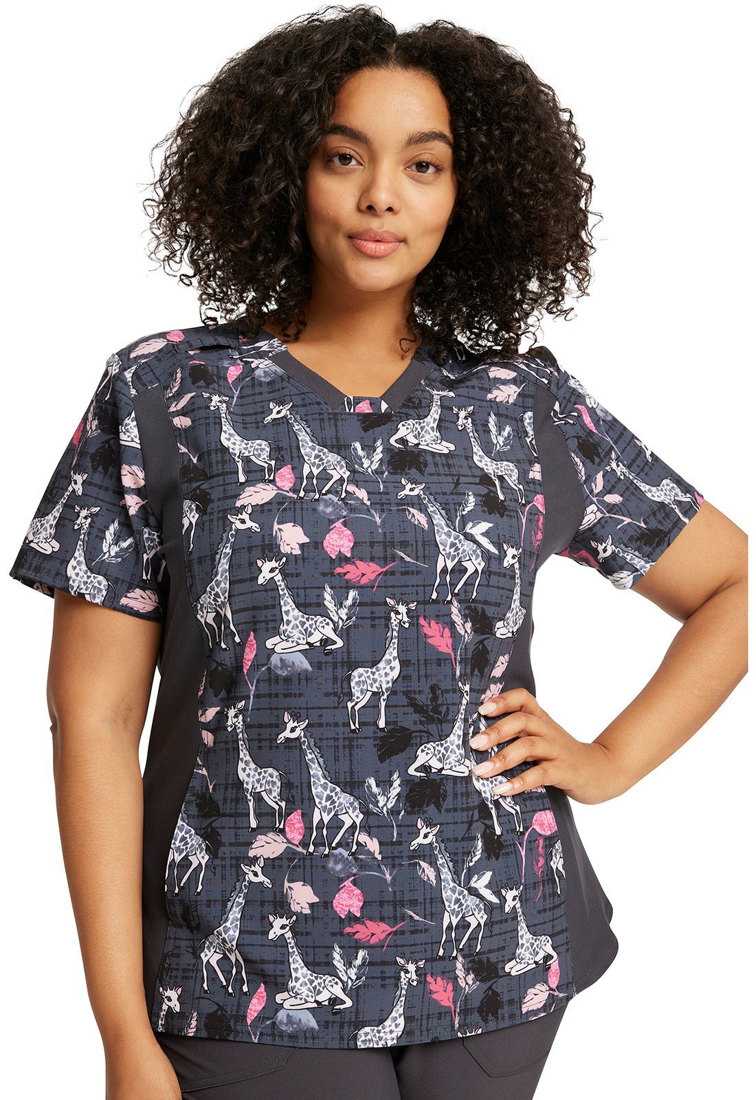 Giraffe Cherokee iFlex Print V Neck Knit Panel Scrub Top CK641 GFML - Scrubs Select