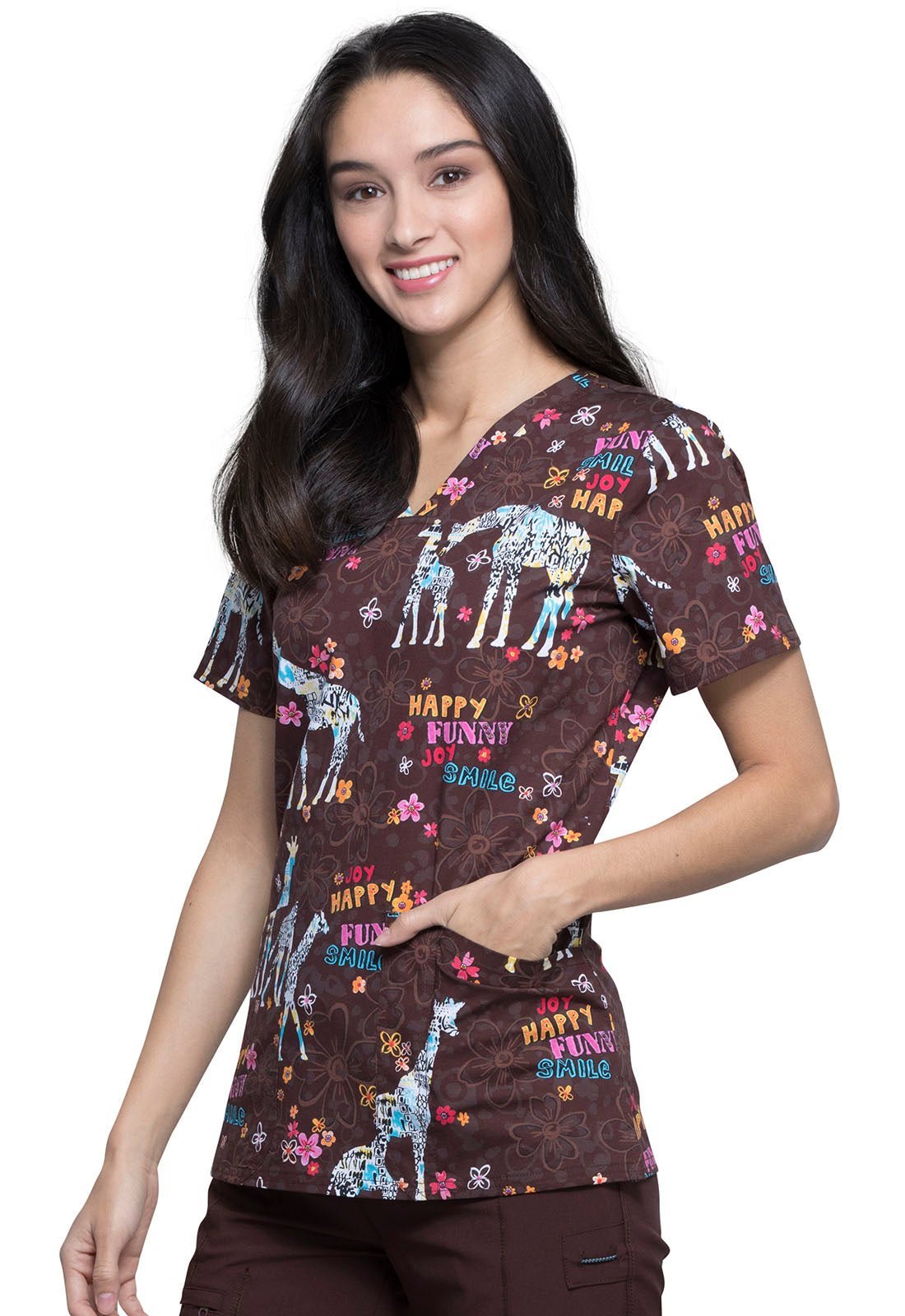Giraffe Cherokee Print V Neck Scrub Top CK651 JYGF - Scrubs Select