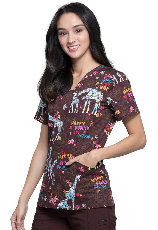 Giraffe Cherokee Print V Neck Scrub Top CK651 JYGF - Scrubs Select