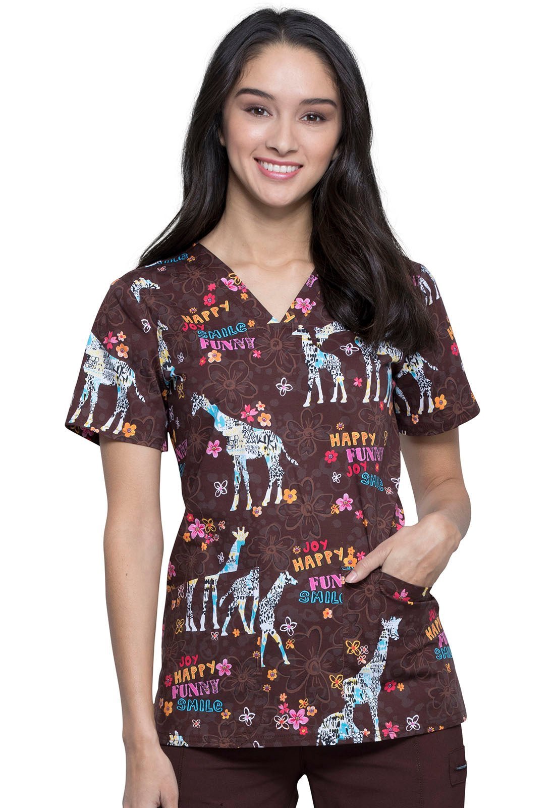 Giraffe Cherokee Print V Neck Scrub Top CK651 JYGF - Scrubs Select