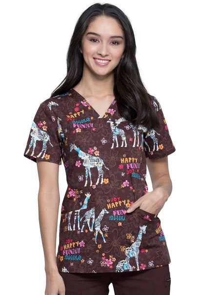 Giraffe Cherokee Print V Neck Scrub Top CK651 JYGF - Scrubs Select