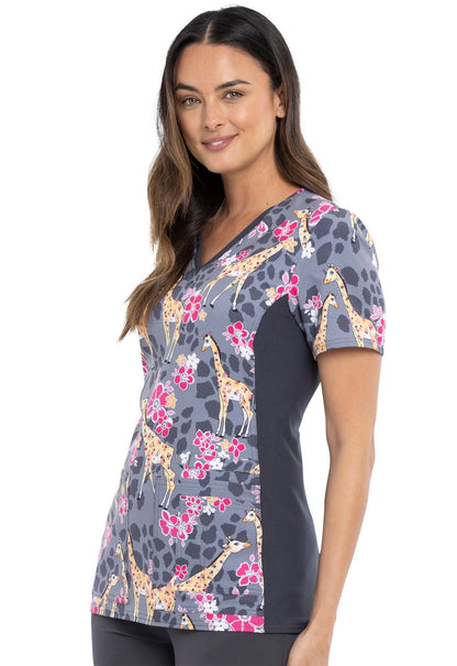 Giraffe Print Cherokee iFlex V Neck Knit Panel Scrub Top CK636 SPIW - Scrubs Select